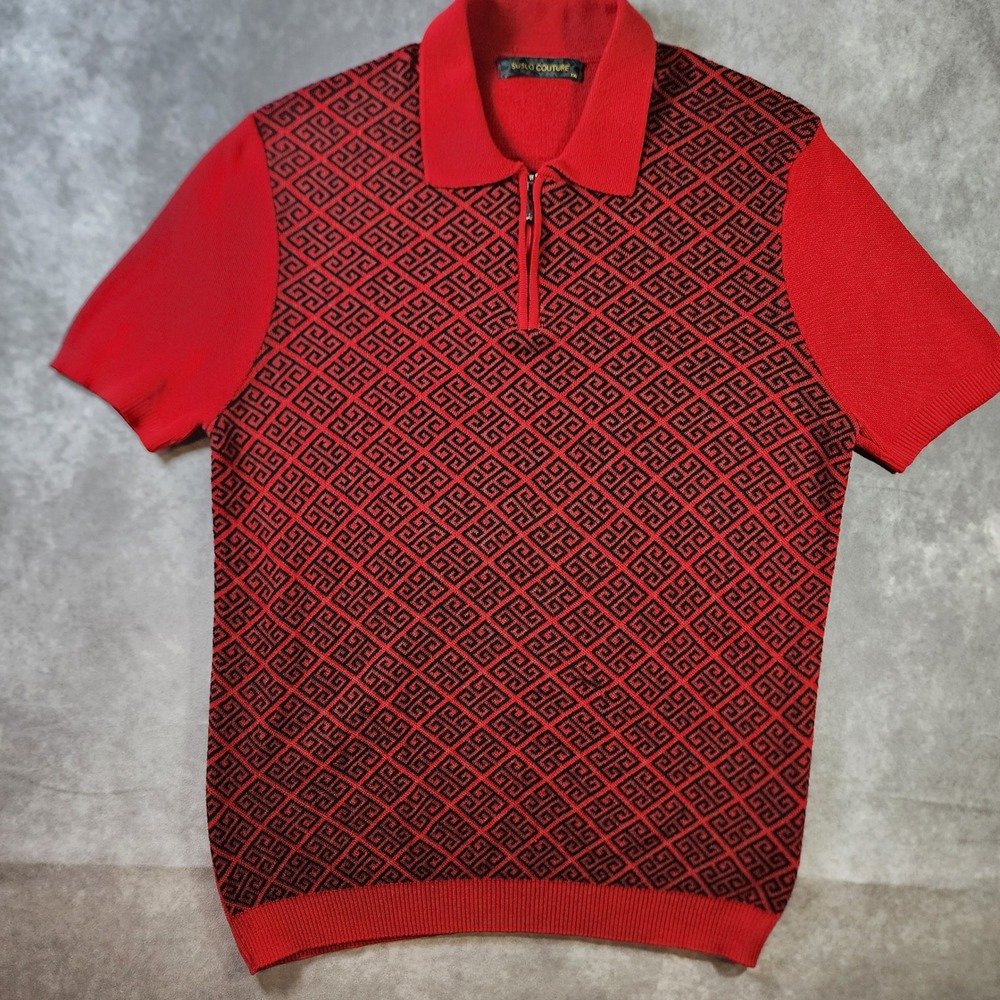Suslo Couture Mens XXL Red Black Greek Key Quarter Zip Knit Polo